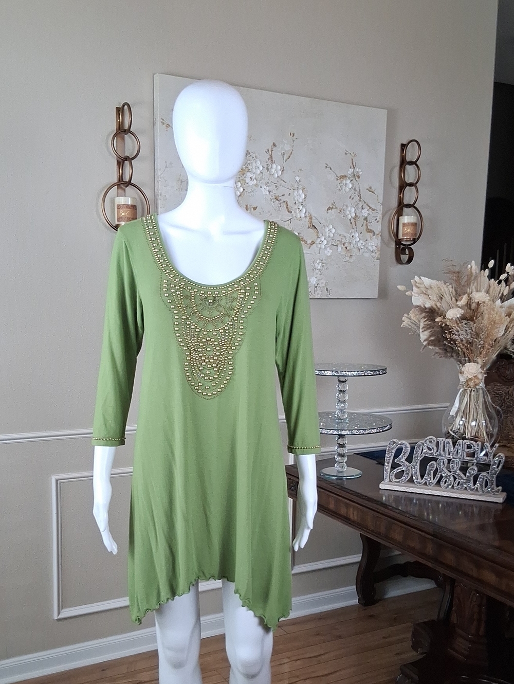 Women's Embellished Beaded Scoop Neck Tunic Summer Dress Olive Green Gold Medium - Picture 13 of 16